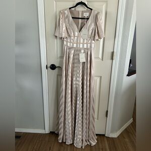 Bohme Champagne Striped Long Formal Gown Dress Short Sleeve Sz Med V Neck